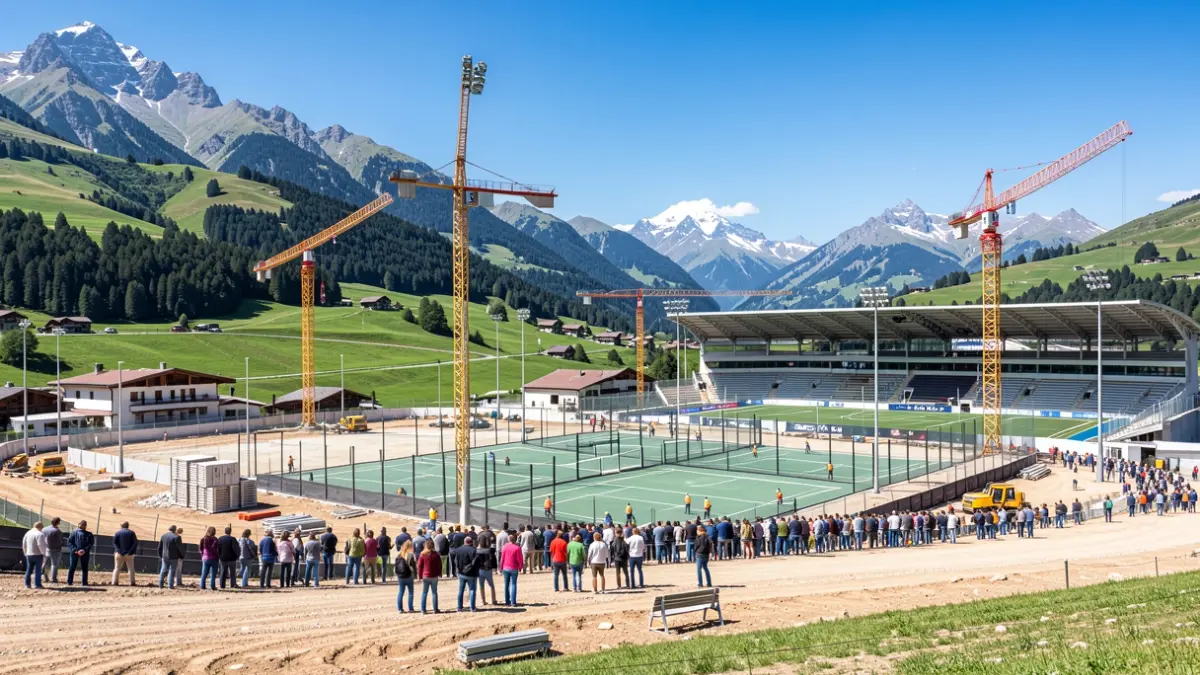 Generic image of construction work at a sports complex in Auvergne-Rhône-Alpes, with cranes and workers around padel courts and a football stadium.