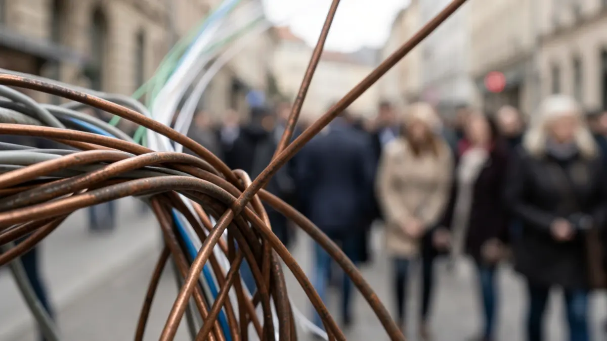 Generic image of old copper wires being disconnected, symbolizing the end of an era, with modern fiber optic cables in the background.