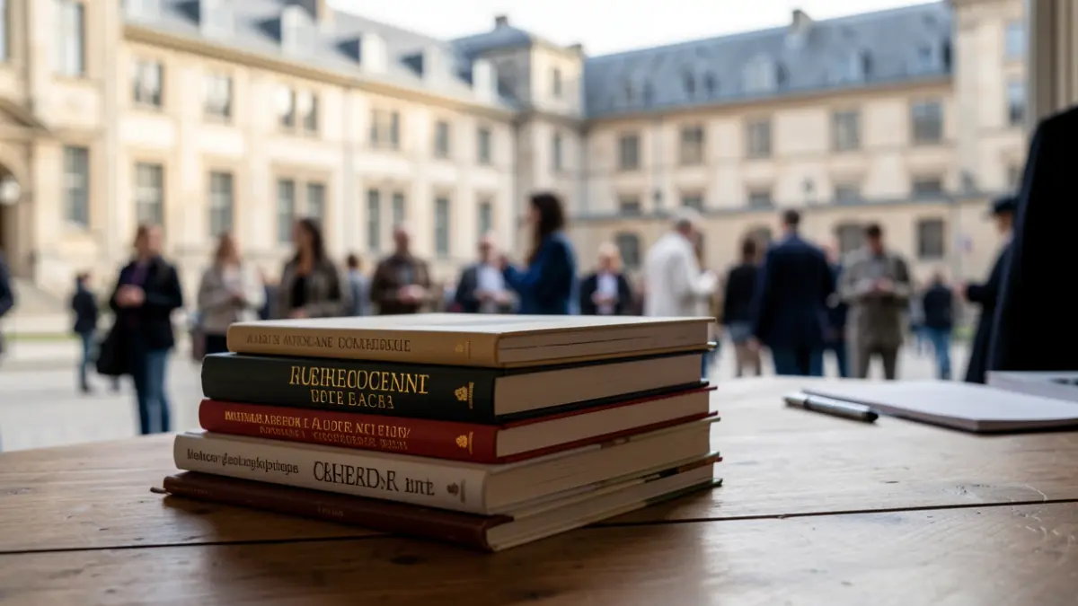 Generic image of a stack of academic books on a wooden desk, with a blurred university building facade in the background.