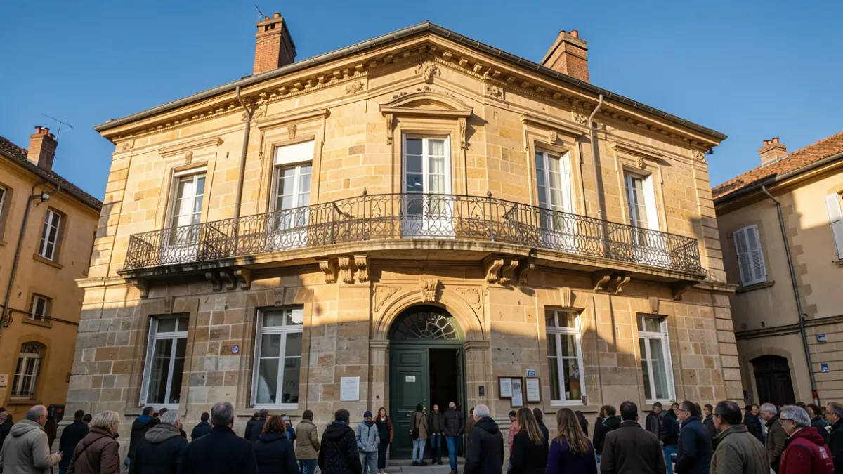Generic image of a French town hall facade with an ornate balcony and iron railings, illuminated by afternoon sunlight.