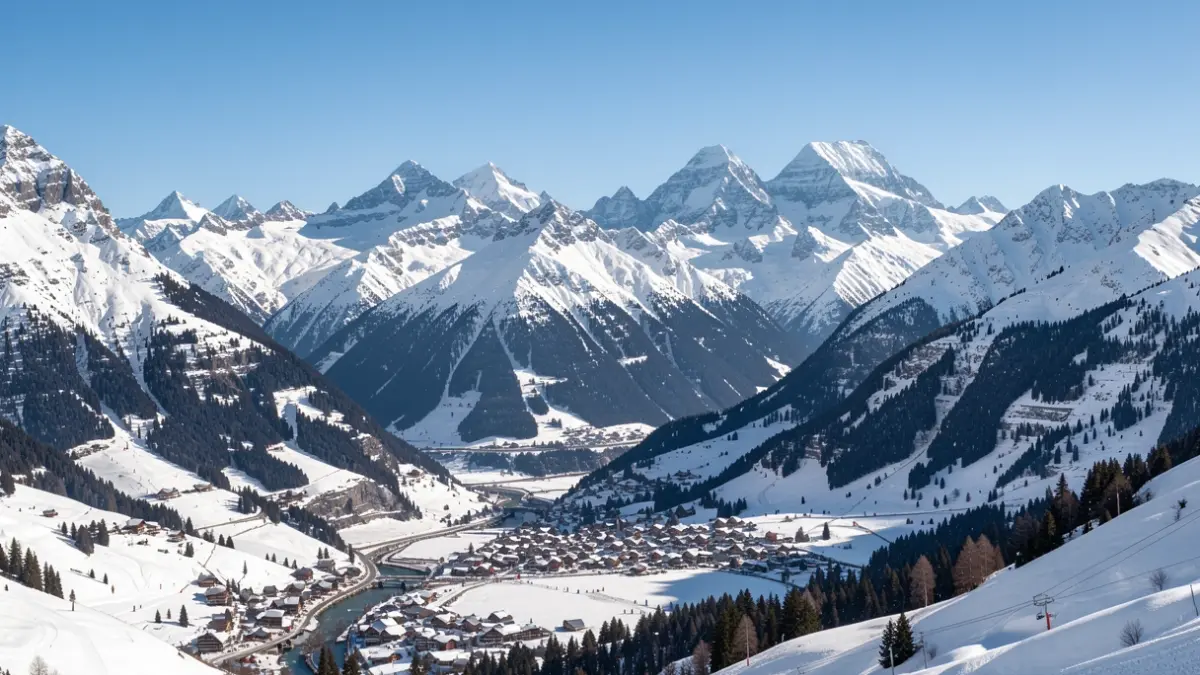 Generic image of snow-covered mountains with a ski resort in the valley.