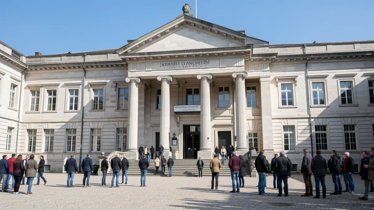 Facade of an official public building with columns under a clear blue sky.