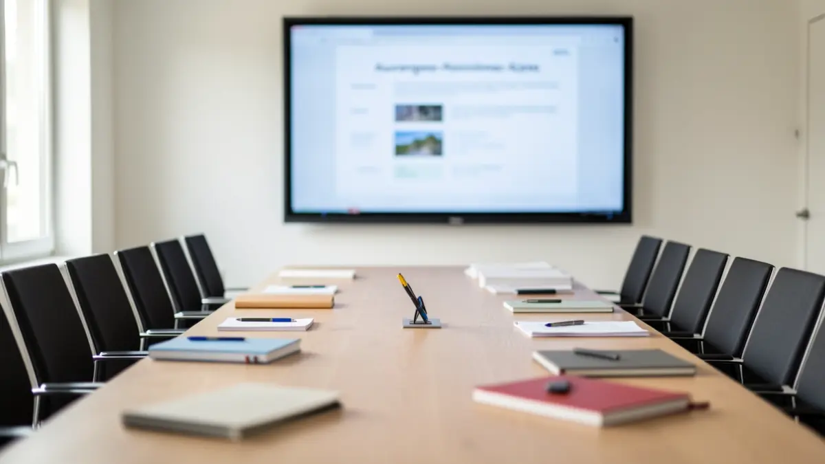 Generic conference room with screen and empty chairs.