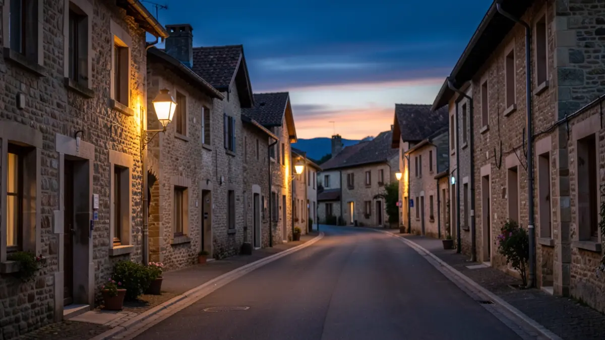 Generic image of a French village street at dusk, with stone houses and streetlights.