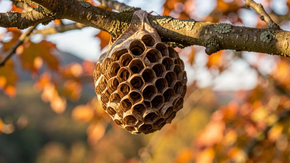 Close-up of an Asian hornet nest on a tree branch, with a blurred background of autumn foliage in the Auvergne-Rhône-Alpes region.