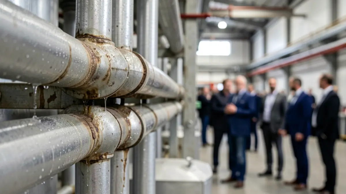 Generic image of industrial refrigeration pipes with condensation, showing signs of wear and tear, against a blurred background of a factory interior. Close-up on the pipes and potential leak points.
