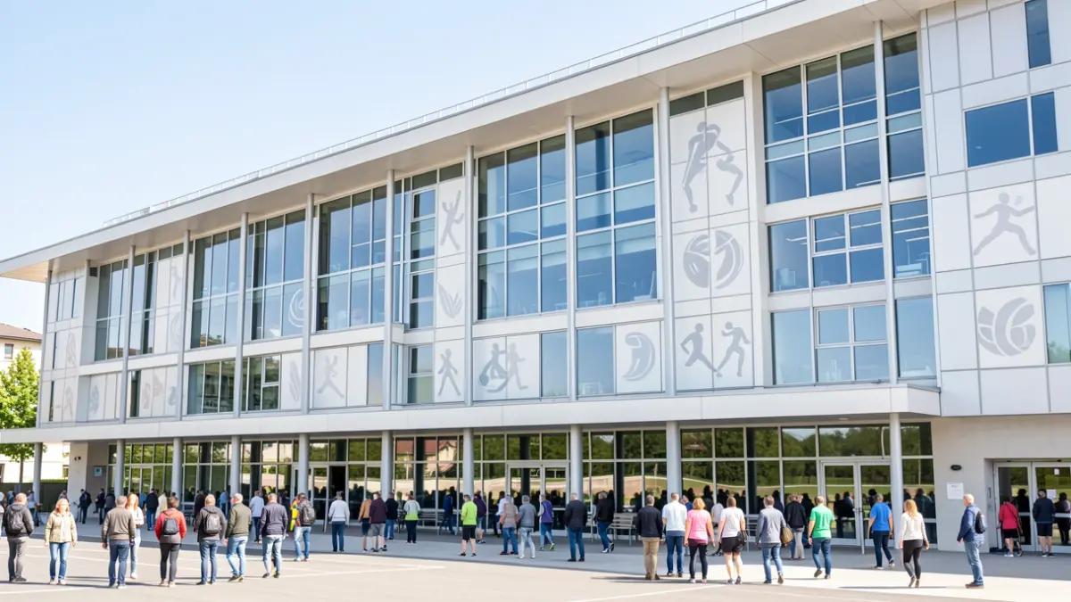 Image générique d'une façade de complexe sportif moderne dans la région Auvergne-Rhône-Alpes, avec des éléments architecturaux évoquant le sport.