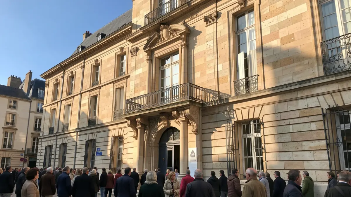 Generic image of a stone town hall facade with an ornate balcony and iron railings, in warm afternoon sunlight.