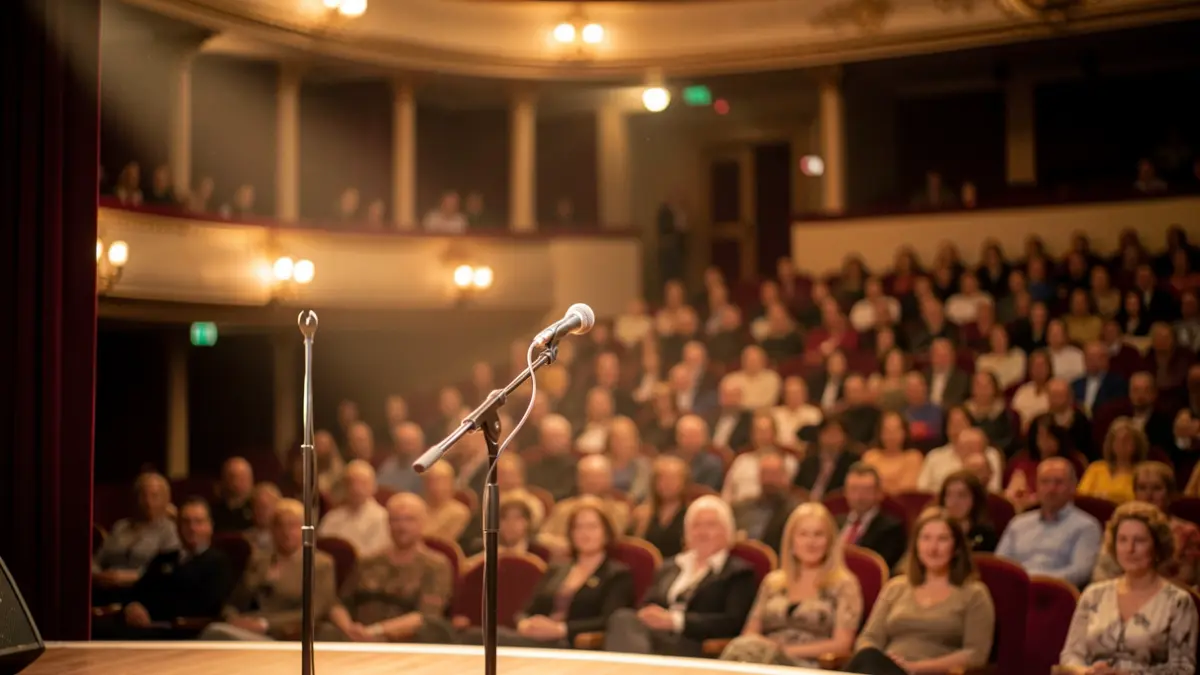 Generic image of a theater stage with a microphone and blurred audience seats.