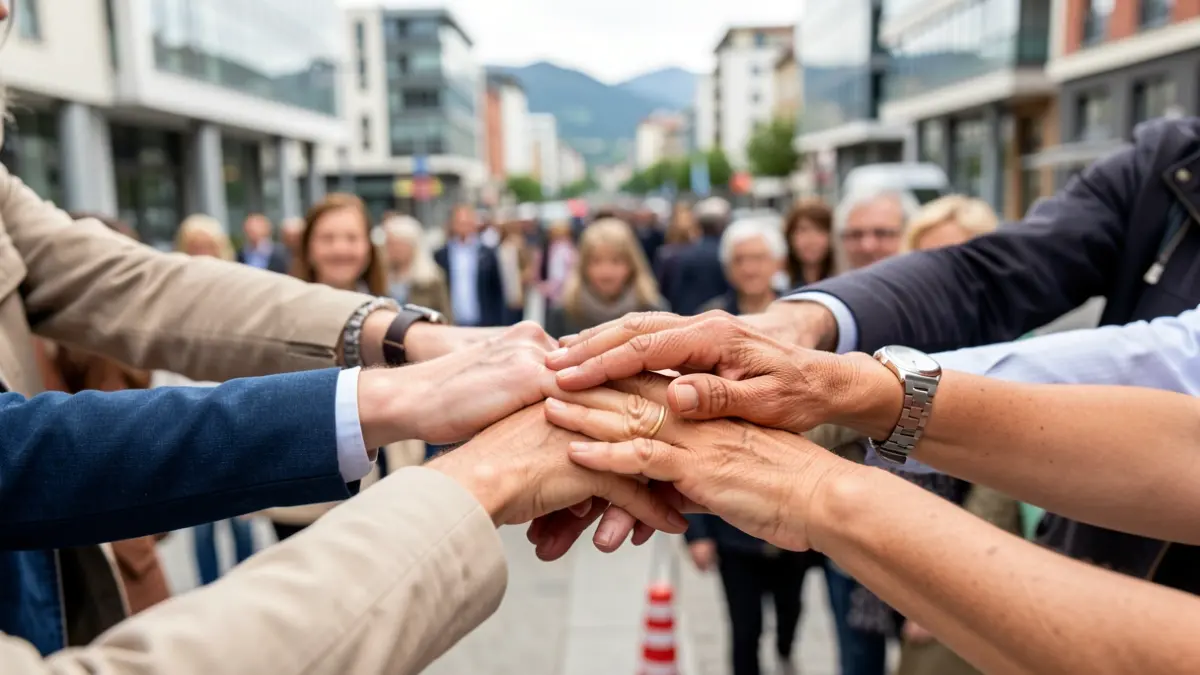 Generic image of diverse hands reaching towards the center, symbolizing citizen participation, against a blurred urban landscape background.
