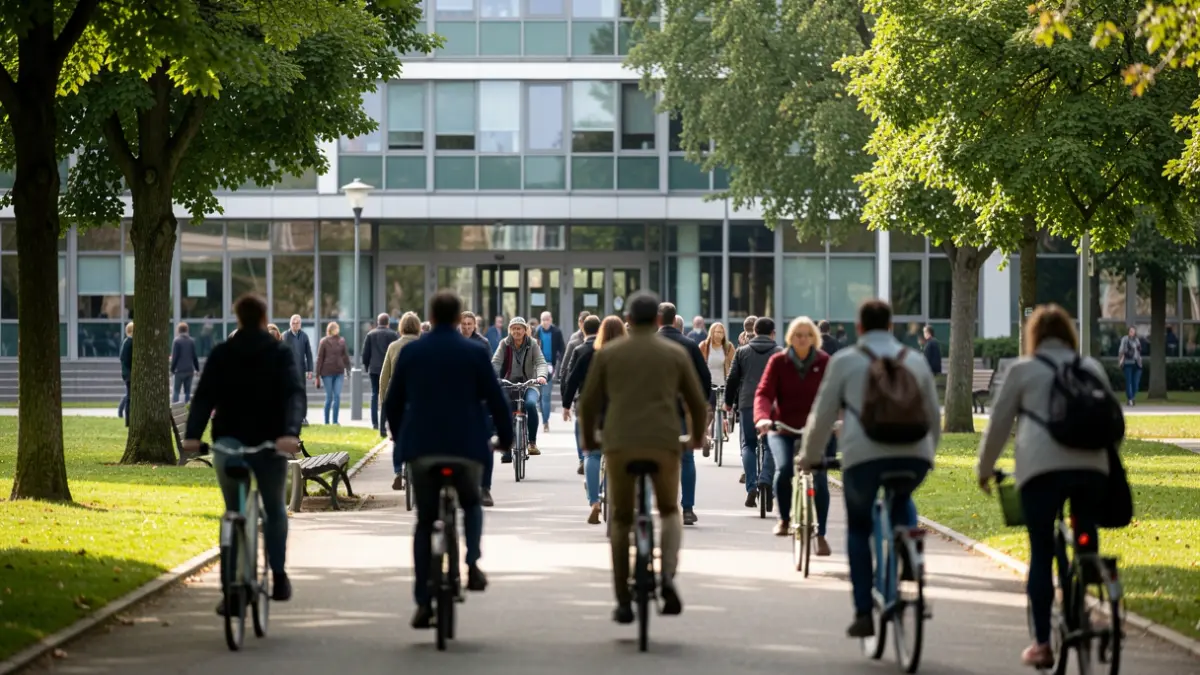 Generic image of people moving by foot and bicycle in a park.