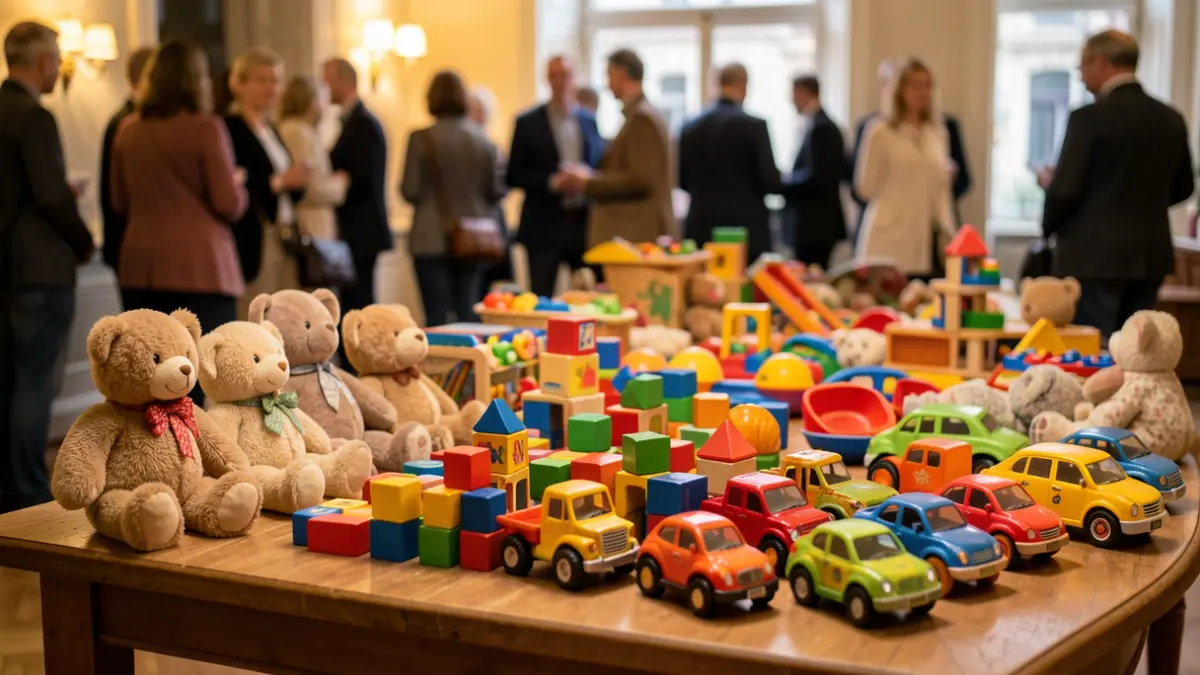 Generic image of colorful children's toys arranged on a wooden table, in a warm atmosphere.