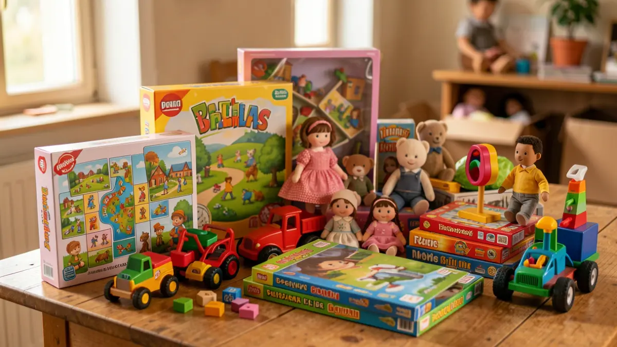Image générique de divers jouets, y compris des puzzles, des jeux de société, des poupées et des jouets d'extérieur, disposés sur une surface en bois.