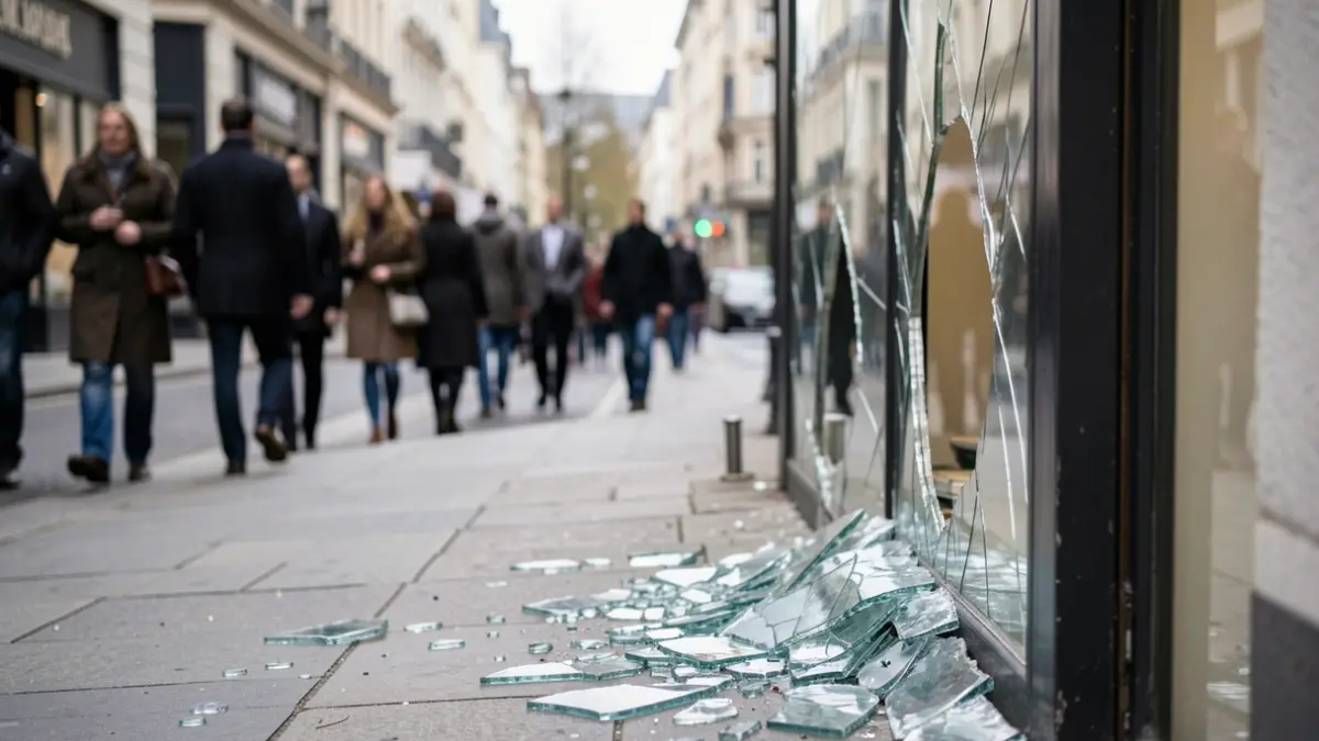 Generic image of a broken shop window with debris on the pavement, blurred city street in the background.