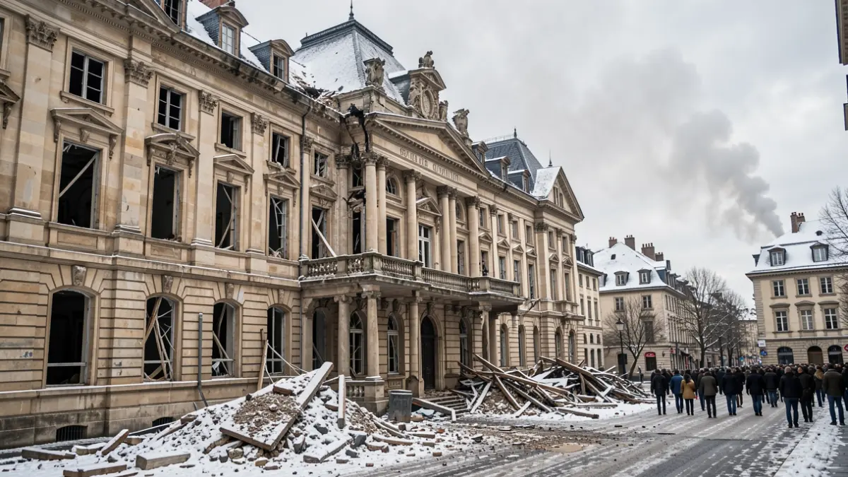 Generic image of a damaged town hall facade with debris and smoke in the background.