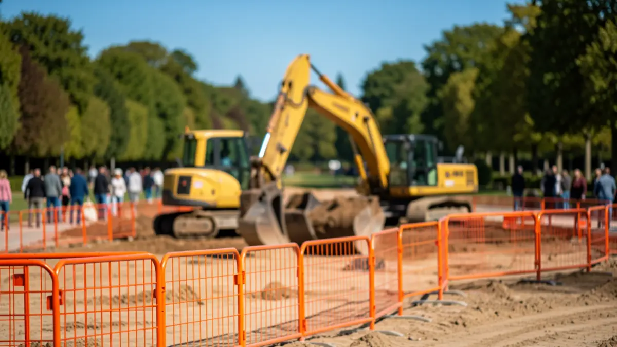 Generic image of a construction site with safety barriers and earthmoving equipment in a park.