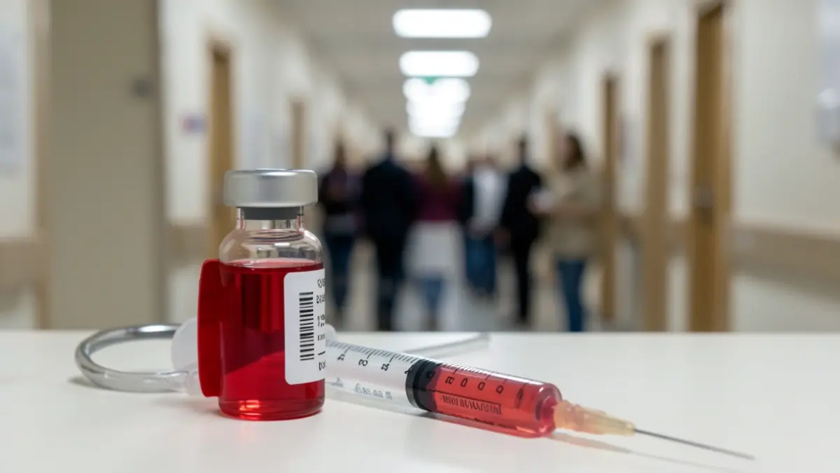 Generic image of a syringe and vial on a blurred hospital background.