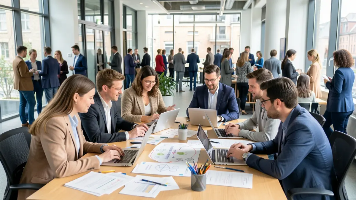 Generic image of students collaborating on innovative projects in a modern office setting.