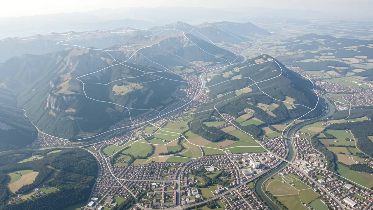 Aerial view of the Haute-Savoie department's territory, showing varied landscapes and transportation routes.
