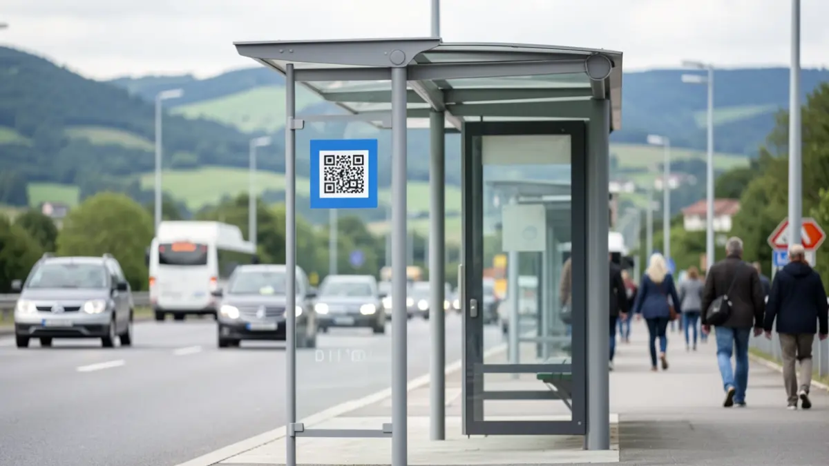 Modern bus stop with QR code along the RD 1005 in Haute-Savoie.