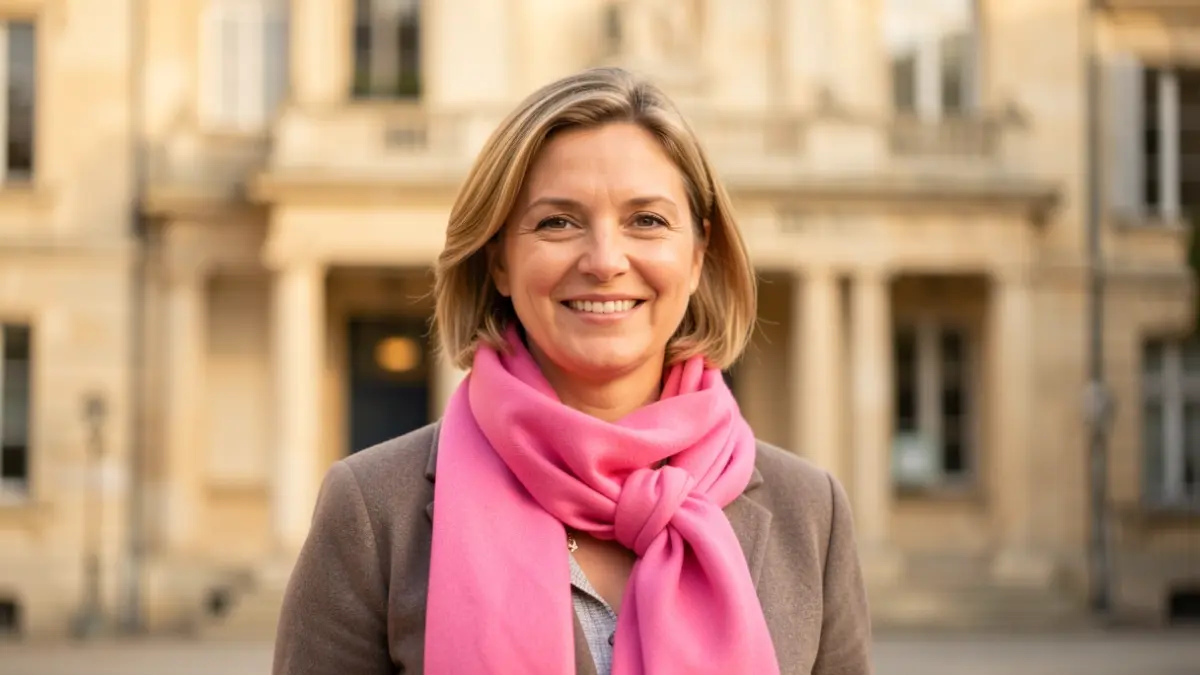 Generic image of a woman wearing a pink scarf and a pink accessory in front of a town hall facade.