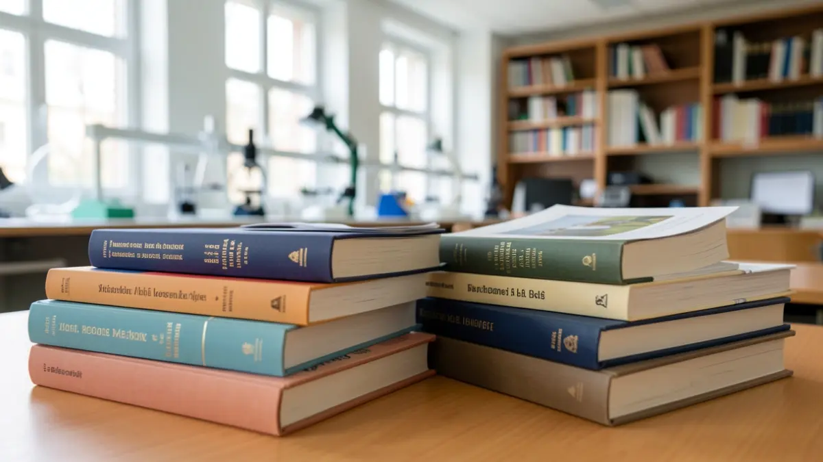Image générique de livres académiques et de documents de recherche sur un bureau, avec un arrière-plan flou d'un laboratoire ou d'une bibliothèque universitaire moderne.