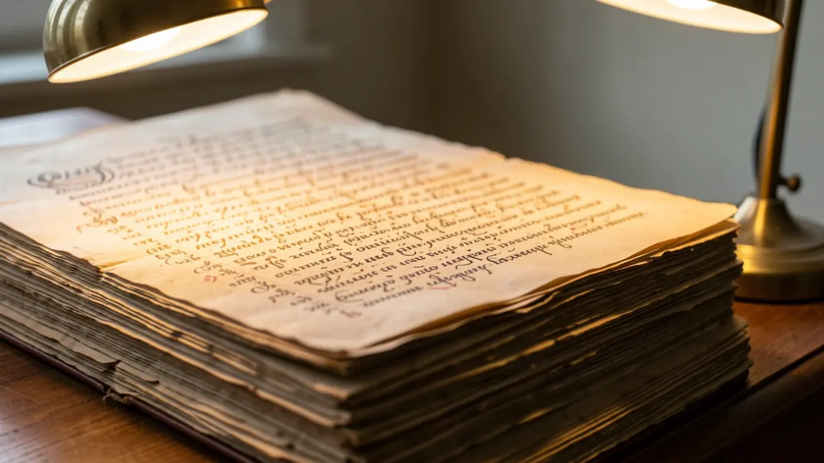 Generic image of a stack of old manuscripts illuminated by a desk lamp, evoking historical research and digital humanities.