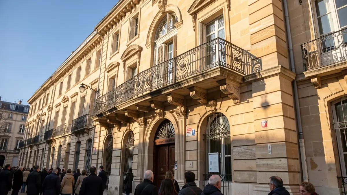 Façade de la mairie de Gaillard avec balcon et rambardes en fer forgé, soleil d'après-midi.