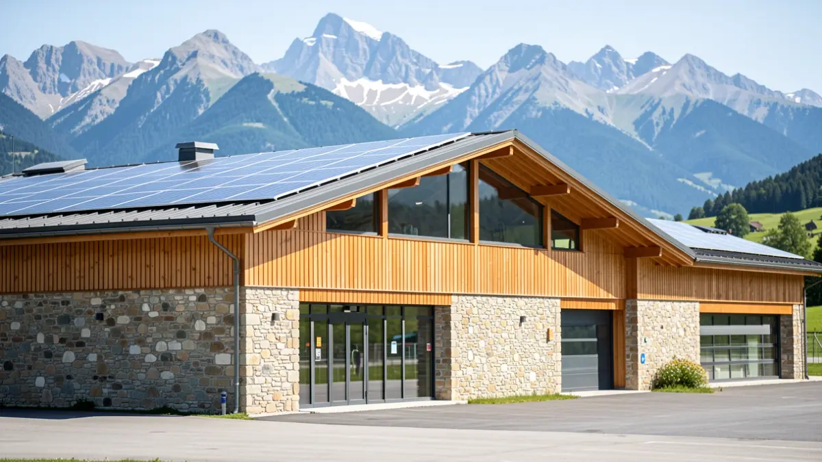Generic image of the facade of a modern sports building made of wood and stone, with solar panels on the roof, in an alpine landscape.
