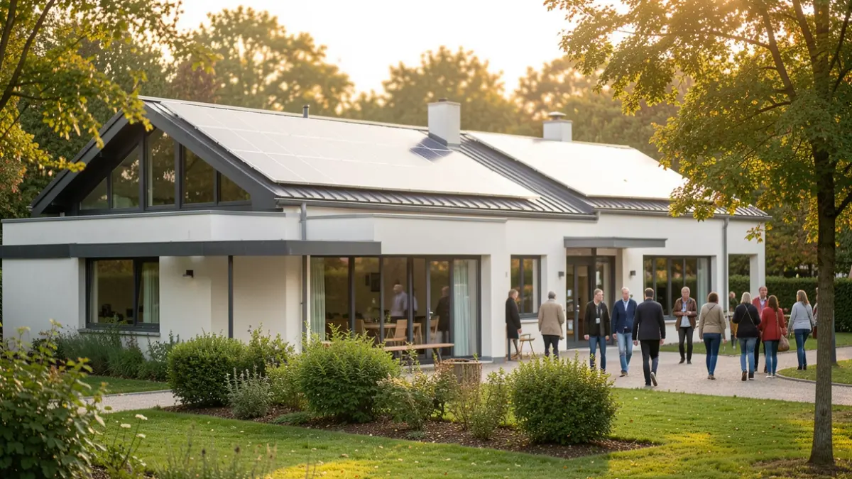 Vue extérieure d'un bâtiment intercommunal moderne avec des éléments de conception écologique, des panneaux solaires visibles sur le toit, entouré d'espaces verts et d'arbres.