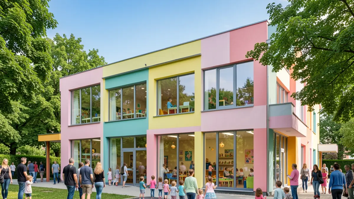 Generic image of a modern, colorful micro-crèche with large windows, surrounded by green trees and a clear blue sky.
