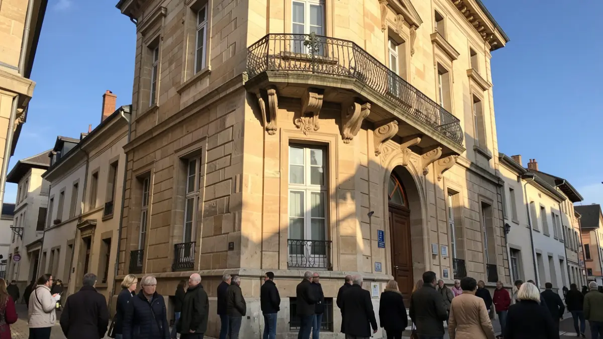 Facade of the Vienne town hall, France, with an ornate balcony and iron railings, under the afternoon sun.