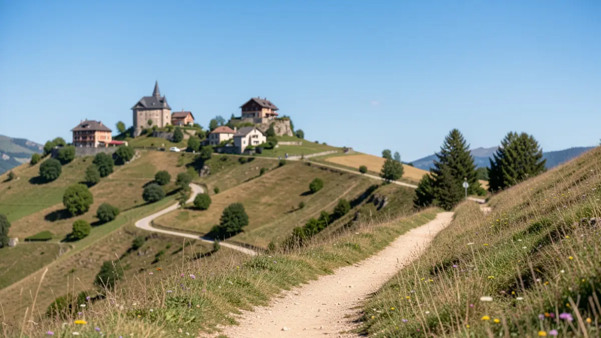 Hiking trail 'La boucle des écoliers' with a view of three perched villages in the Drôme.