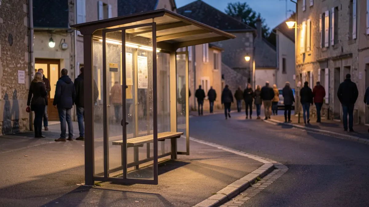 Generic image of an empty bus stop in a rural French village at dusk.