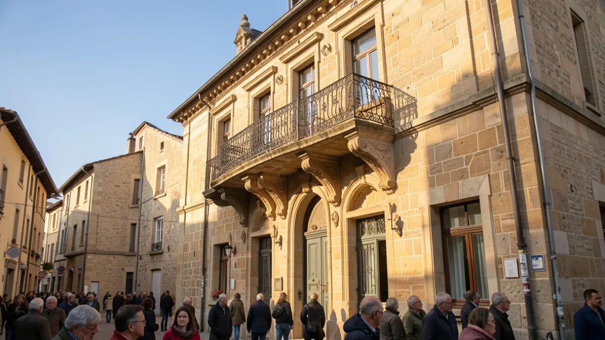 Image générique de la façade d'un bâtiment officiel de type mairie en pierre, avec un balcon orné, sous un soleil d'après-midi.