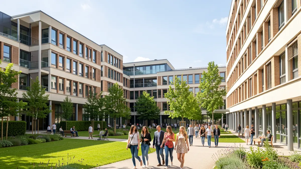 Image générique de bâtiments universitaires modernes avec des espaces verts et des étudiants en arrière-plan, lumière du jour vive, style photographie architecturale.