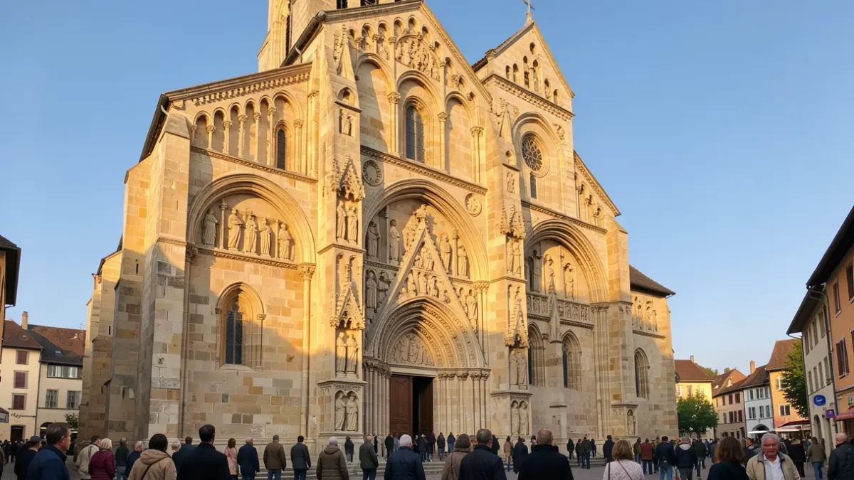 Generic image of the facade of a historic Romanesque abbey church made of stone, with ornate stone carvings, bathed in warm afternoon sunlight.