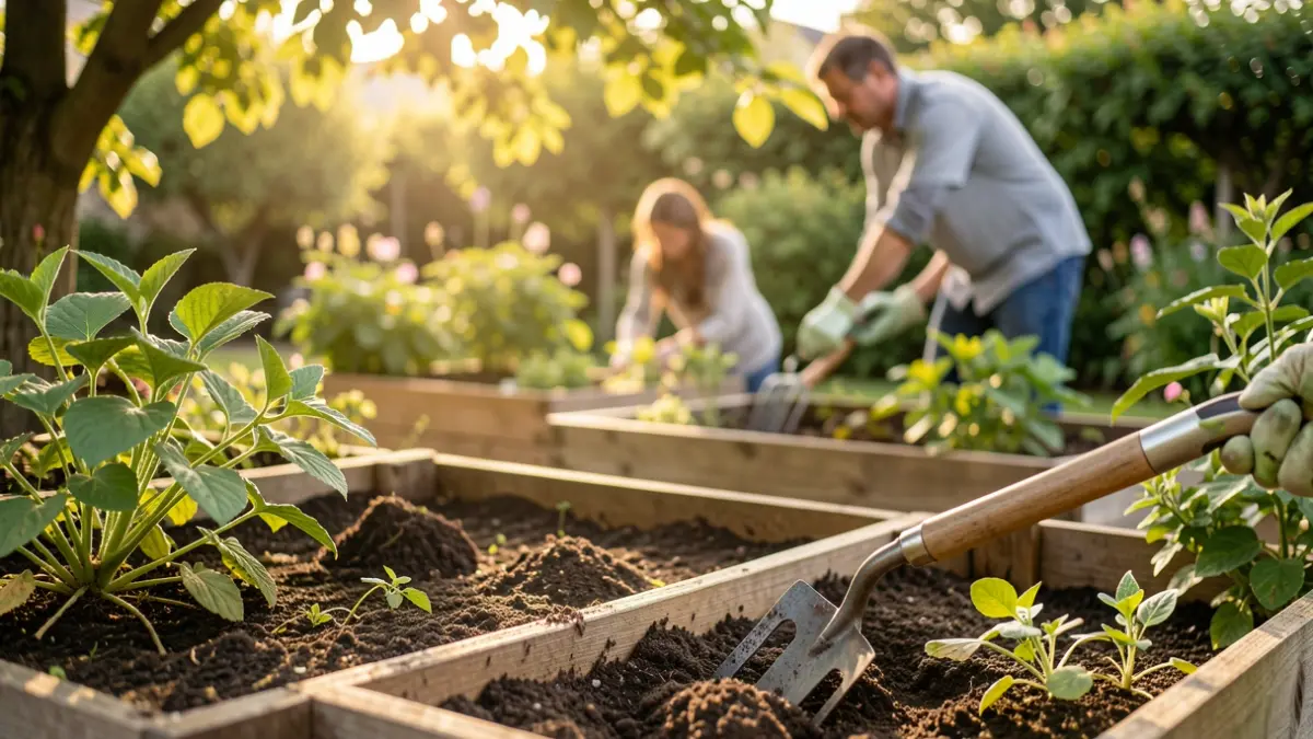 Generic image of people gardening in prepared plots, with gardening tools and green plants. Soft light.