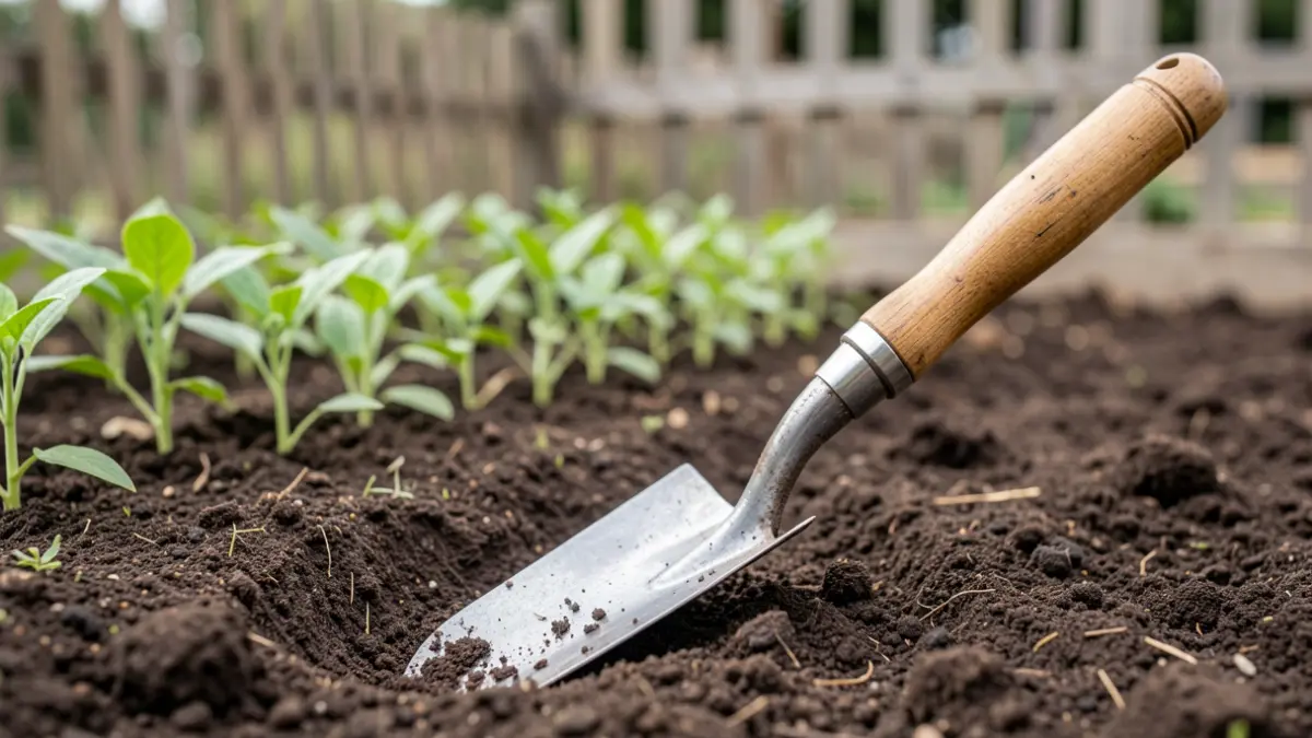 Image générique de outils de jardinage sur la terre, avec des plantes et une clôture en arrière-plan.