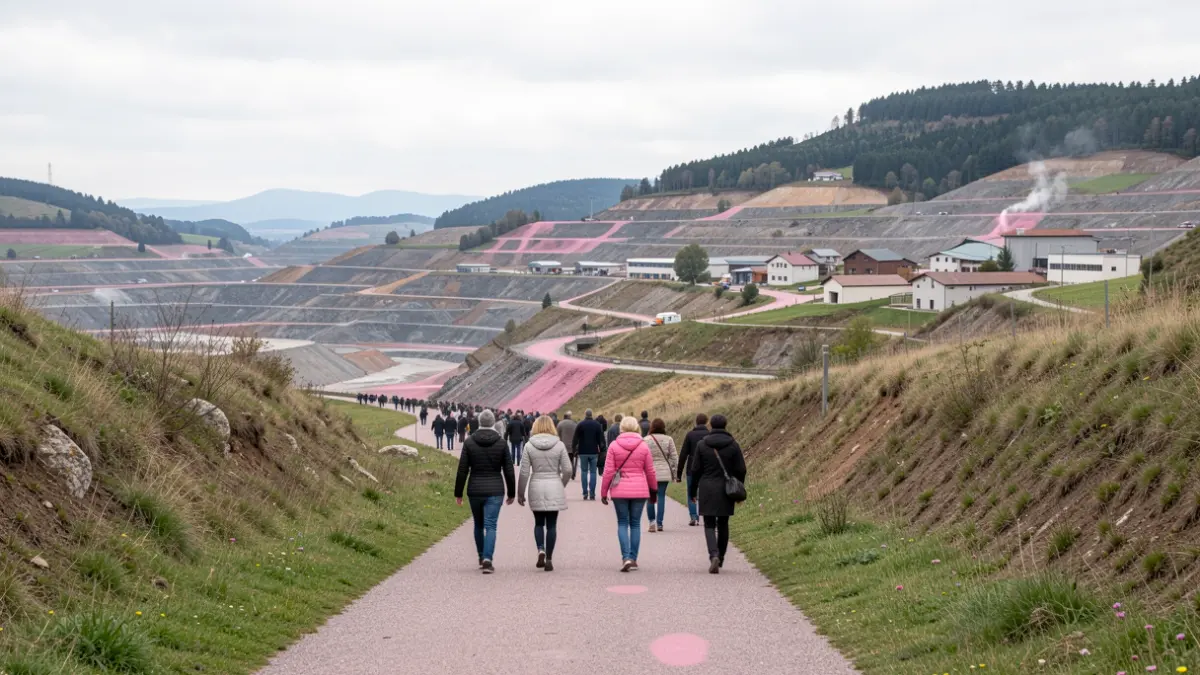 Mining heritage landscape of Saint-Éloy-les-Mines with walking paths and pink accents for Octobre Rose.