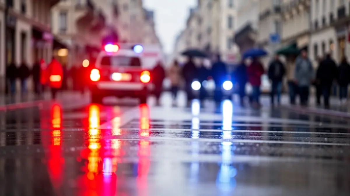 Generic image of blue and red emergency lights reflecting on a wet surface, with shallow depth of field.