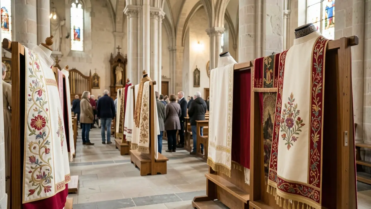 Interior of a historic church in Auvergne-Rhône-Alpes, showcasing liturgical vestments and embroidered textiles.
