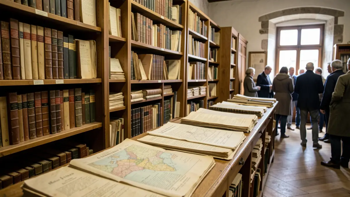 Intérieur d'une salle d'archives historiques à Vaulx-Milieu, avec des registres anciens et des plans.