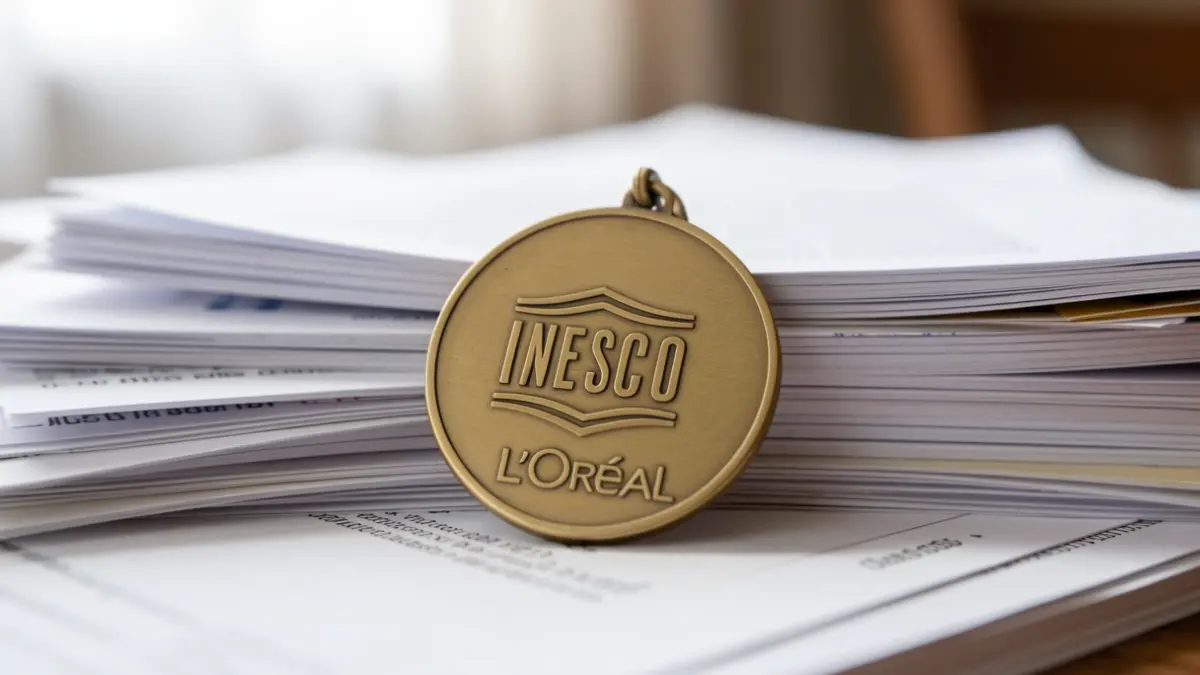 Close-up of a scientific award medal with UNESCO and L'Oréal logos, resting on academic papers.