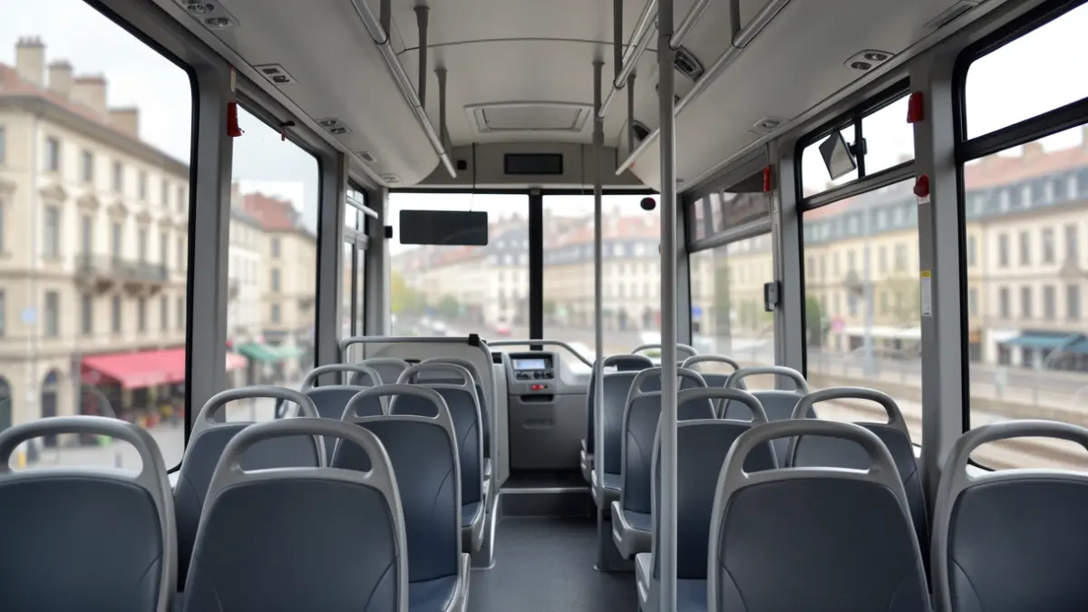 Generic image of a public transport bus interior with empty seats and windows showing a blurred urban landscape.