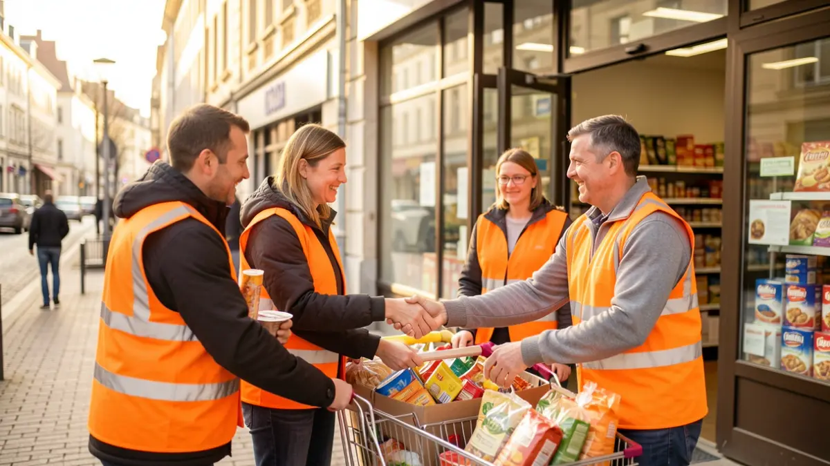 Generic image of volunteers collecting food donations in front of a supermarket.