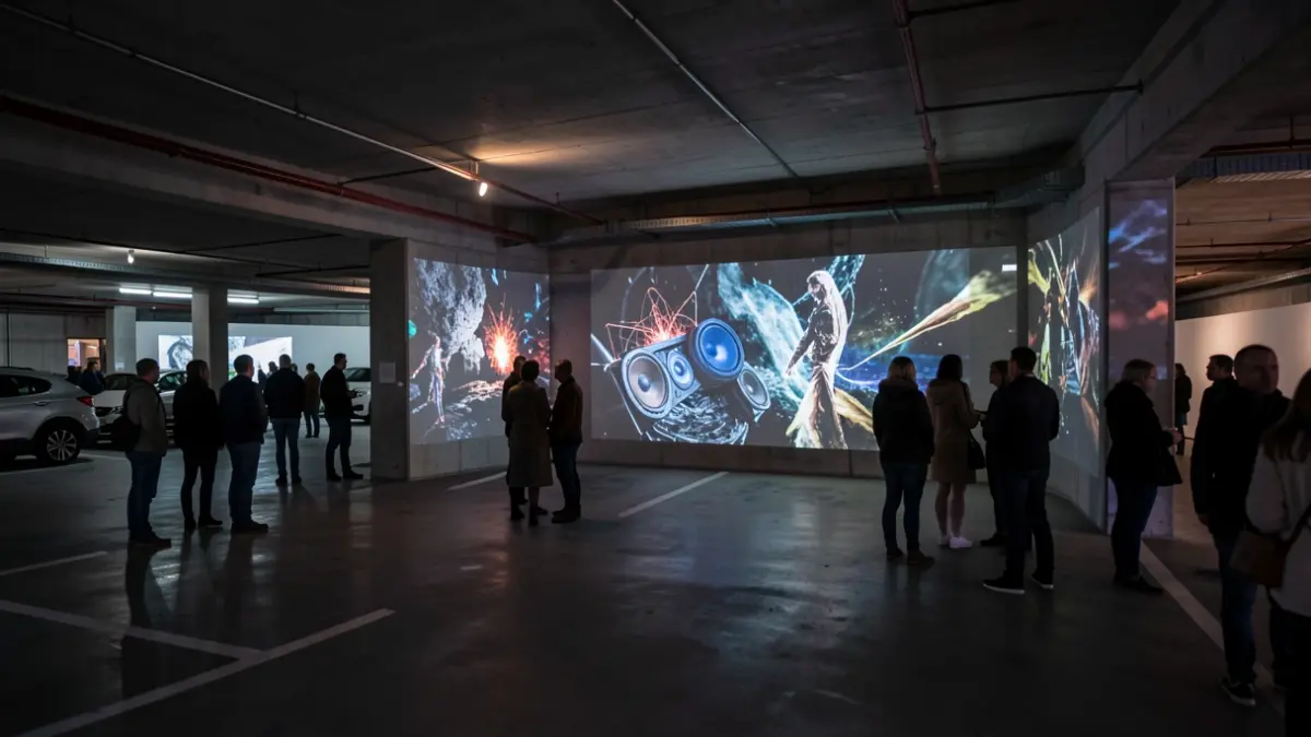 Art installation in an underground parking lot in Lyon, projecting images and sounds evoking the mining world.