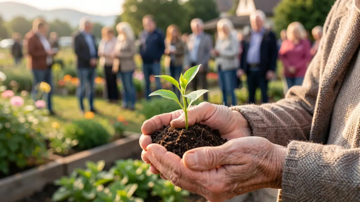 Close-up of an elderly person's hands holding a small plant, symbolizing growth and care, with a blurred background of a community garden in the Auvergne-Rhône-Alpes region. Soft, warm natural light.