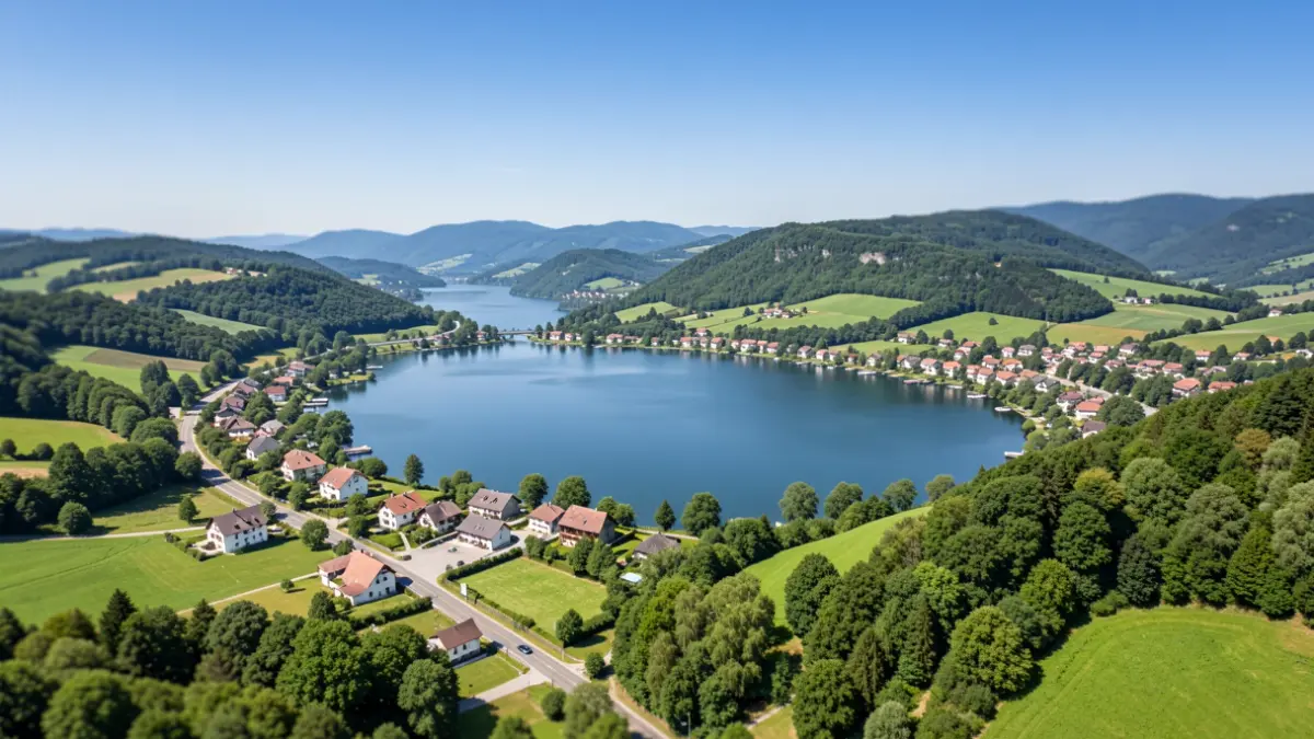Generic image of a lake surrounded by green hills with a small town and a road.