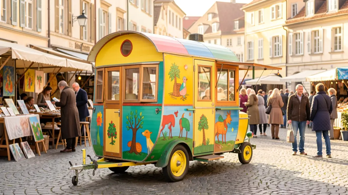Generic image of a colorful caravan in a market square, with blurred silhouettes of people interacting.